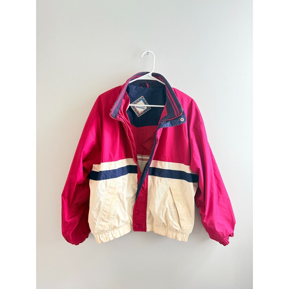 Vintage Retro Pink, Cream & Navy Colorblock Windbreaker Jacket, outdoors, fall
